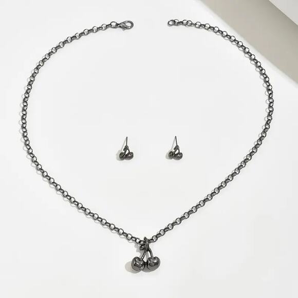 NEW 3 pc Vintage Black Cherry Necklace & Stud Earrings Set, y2k Cherry Bomb - Picture 3 of 4